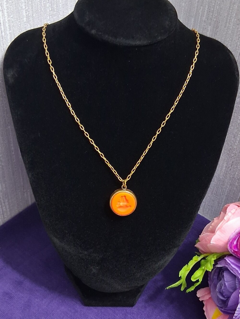 Vintage EXTASIA Intaglio Cameo Necklace Orange Coral Opaque Glass Artisan Made